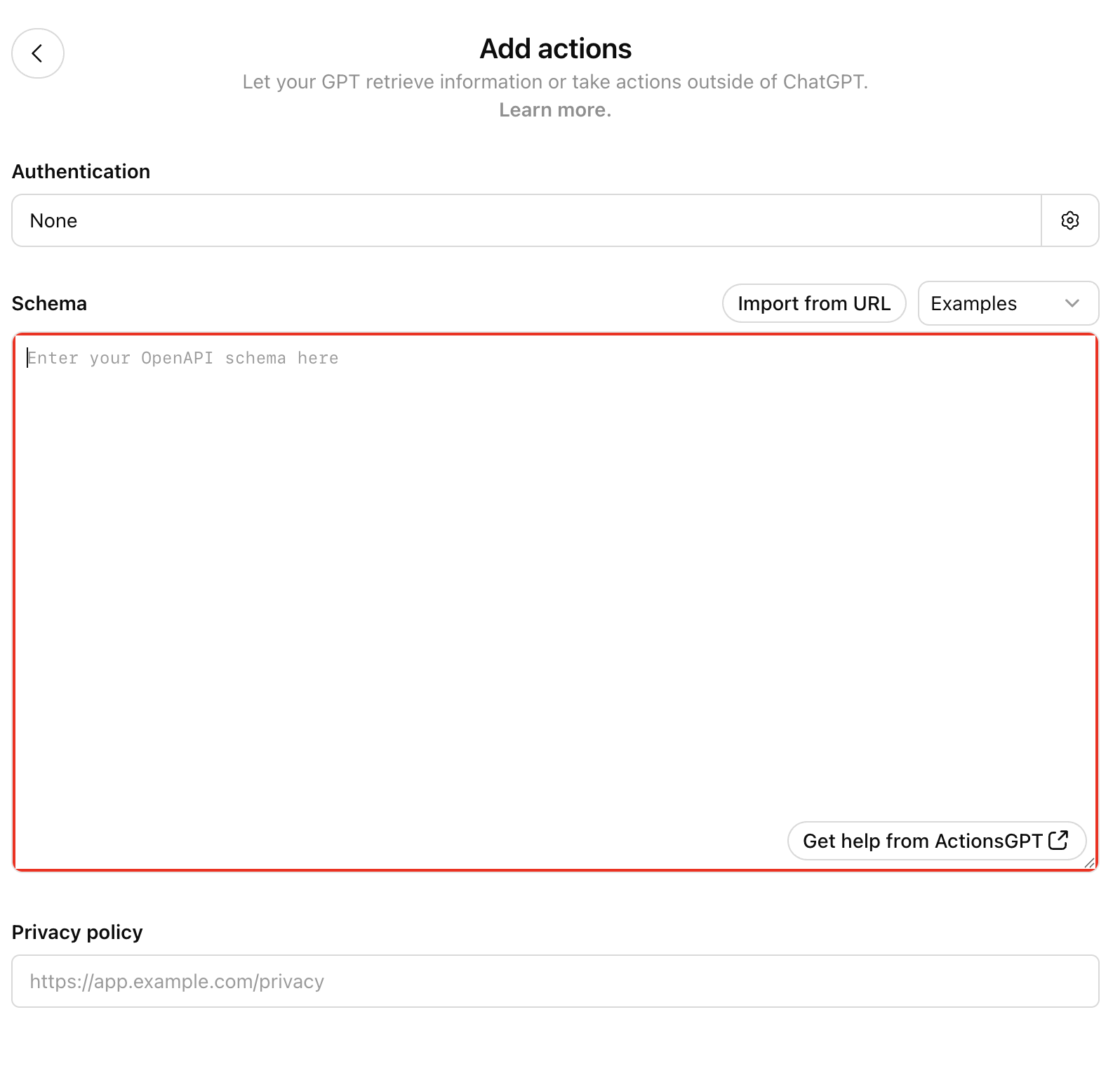 Custom GPT action configuration