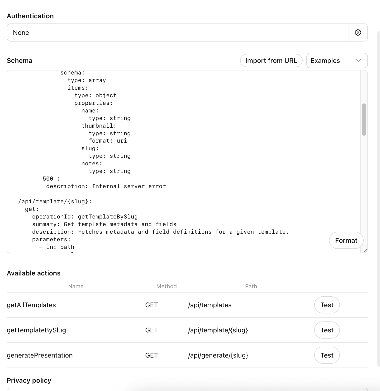 Custom GPT action configuration